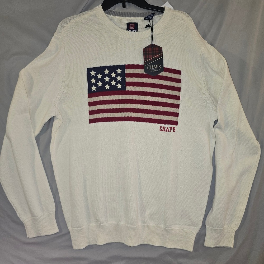Chaps Sweater XL Mens Cream American Flag Cotton Crewneck NWT